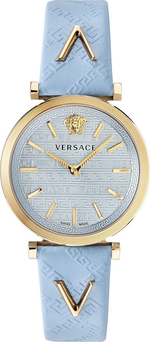 Versace V-Twist ladies watch with light blue dial, gold-tone case, and blue leather strap