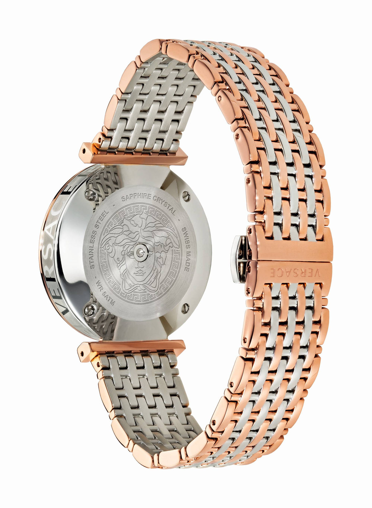 Versace V-Twist caseback showing engraved Medusa logo and water resistance information