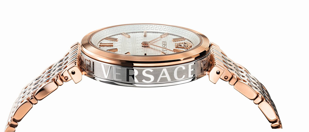 Side view of Versace V-Twist watch case with rose gold and steel two-tone lugs