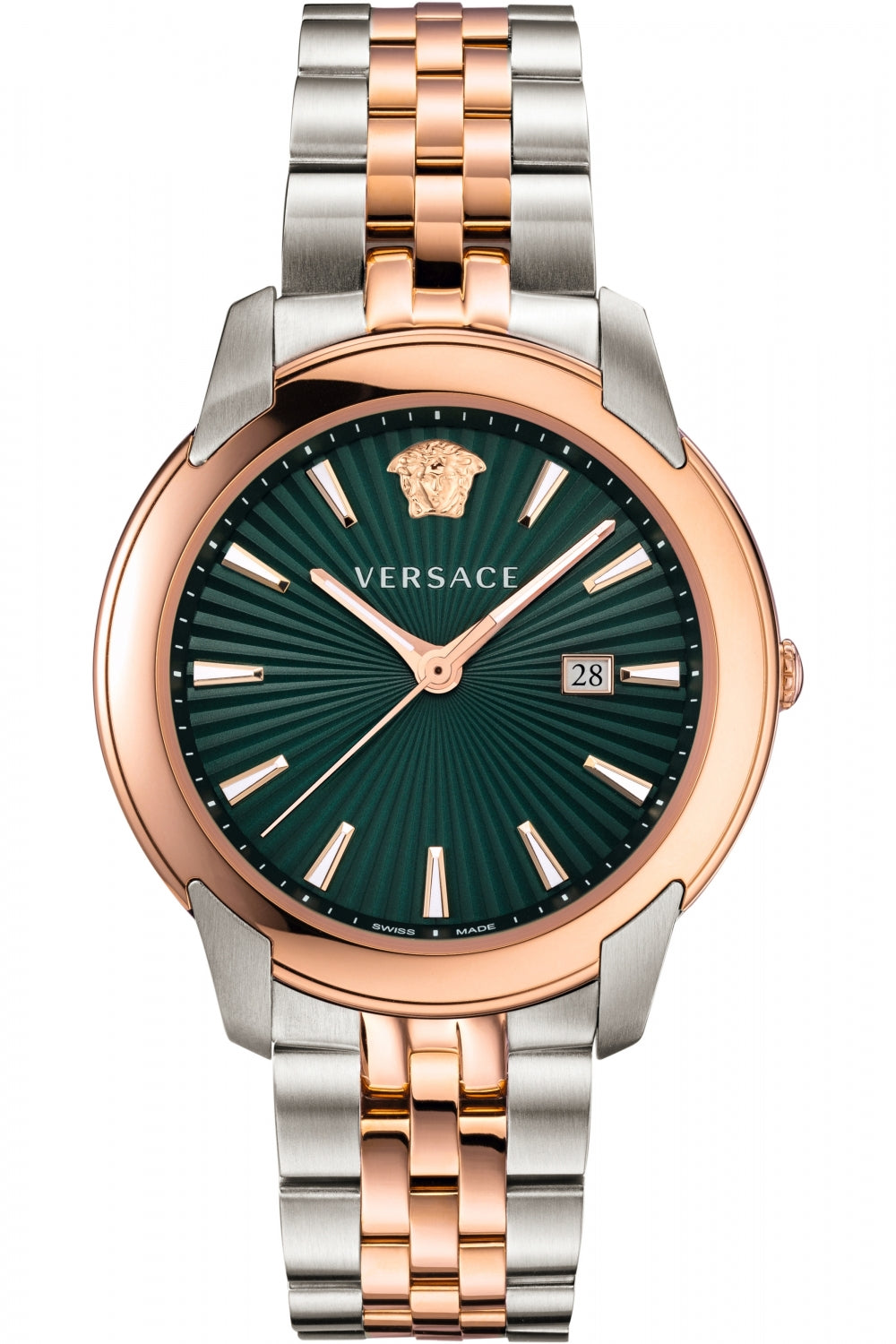 Versace V-Urban watch with green dial, rose gold and steel two-tone bracelet and case