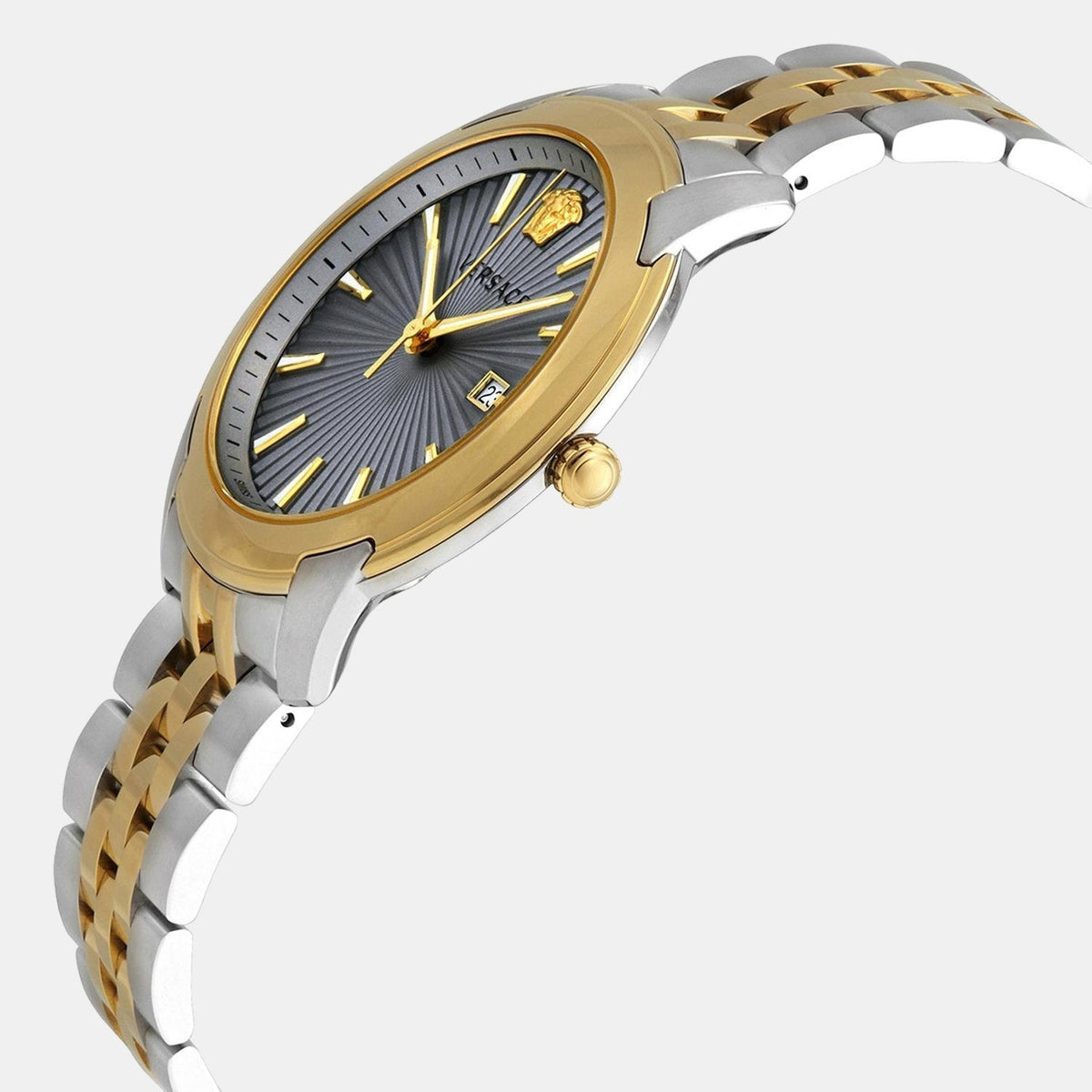 Angled side view of Versace V-Urban watch showcasing gold and silver bracelet