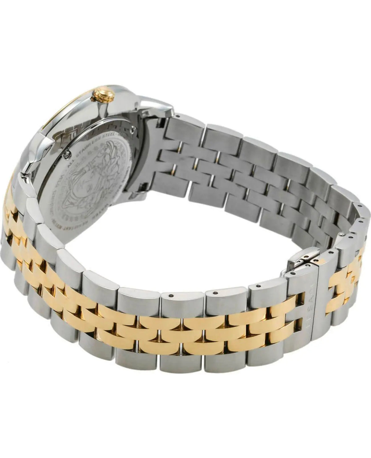 Back view of Versace V-Urban watch showing two-tone stainless steel and gold bracelet