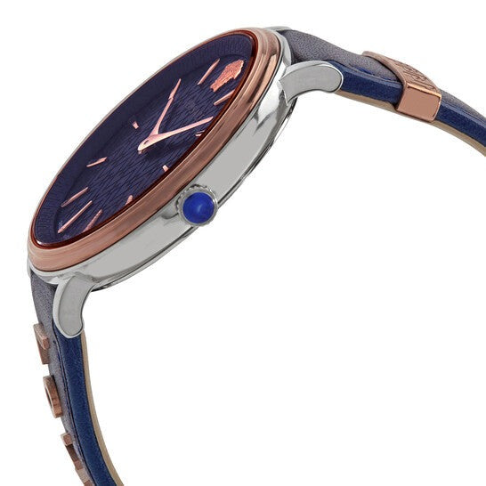 Side view of V Circle watch showing blue leather strap and rose gold case