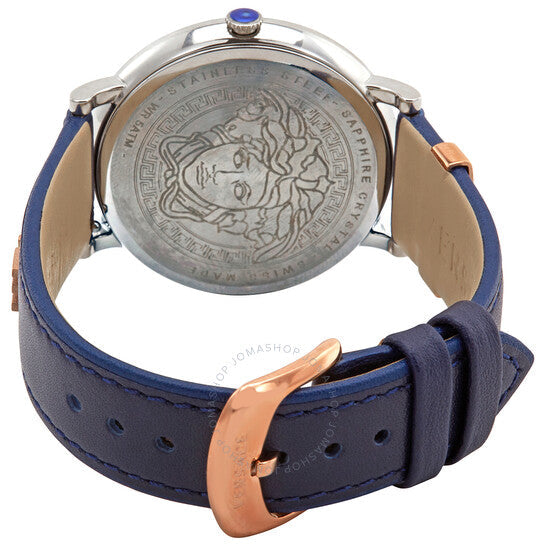 V Circle watch caseback showing Medusa emblem and blue leather strap