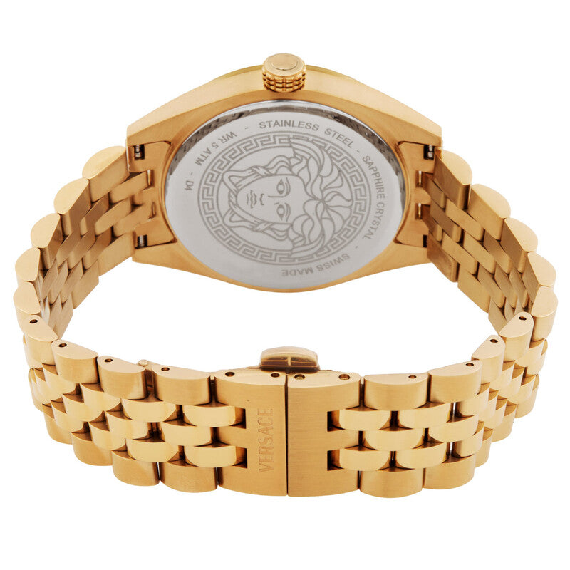 Caseback of Versace V-Code watch showing stainless steel case and Medusa head engraving