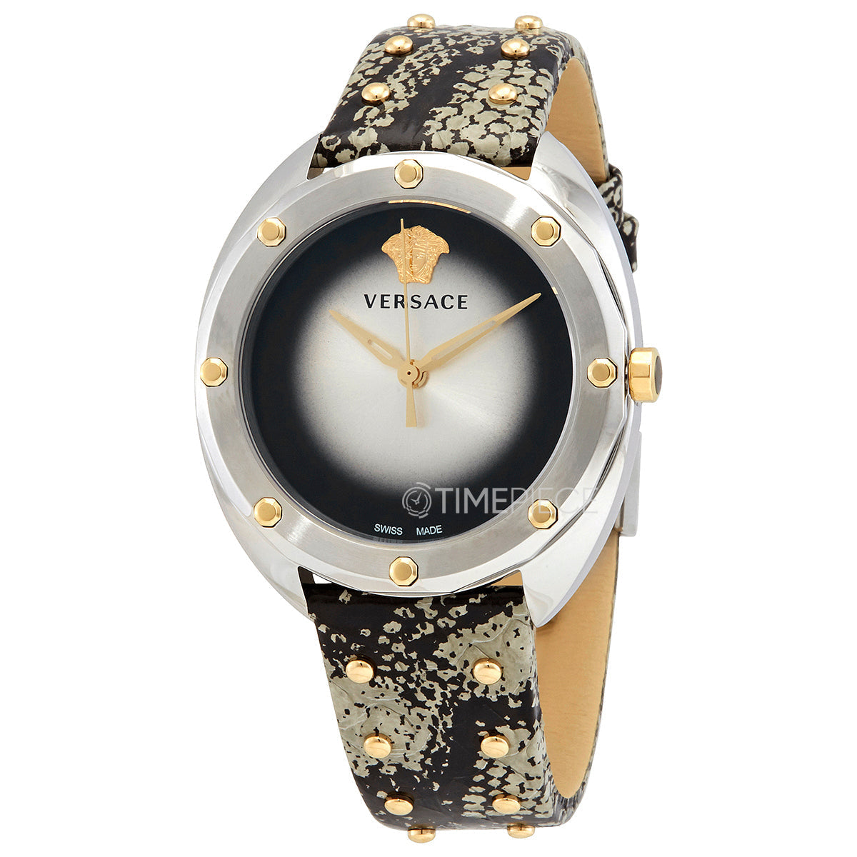 Versace quartz watch angle view showing metallic pattern leather strap and silver case