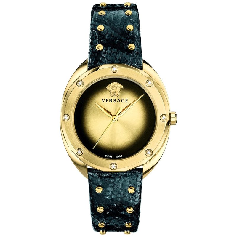 Versace Women's Quartz Swiss Made Black Leather Strap Gold Dial 38mm Watch VEBM01018