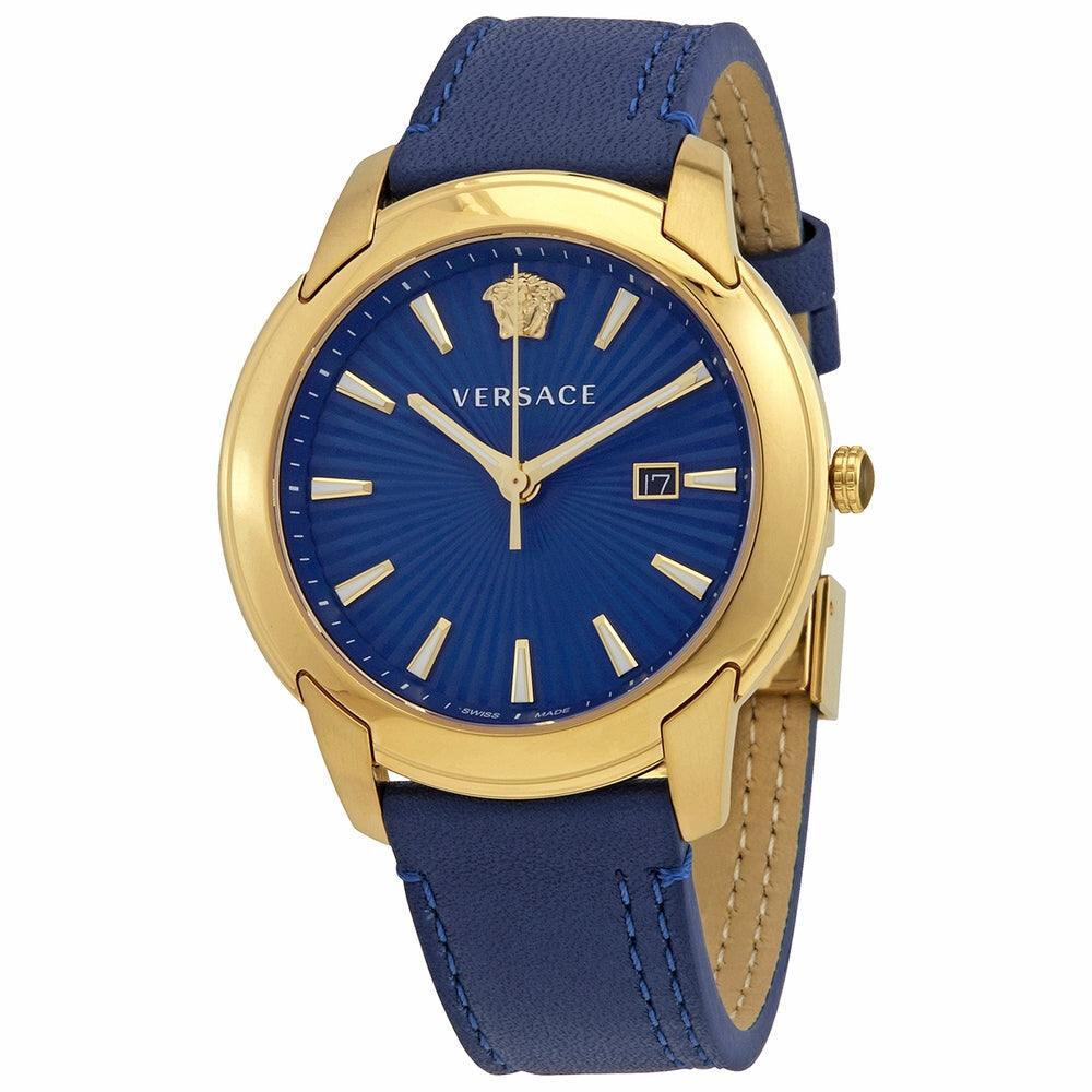Versace V-Urban men's watch displayed at three-quarter angle showing blue dial and gold case