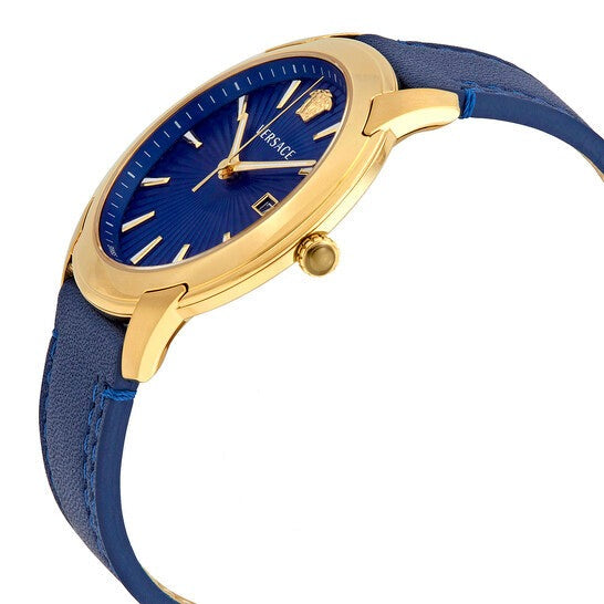 Side profile of Versace V-Urban watch showing blue leather strap and gold-tone case