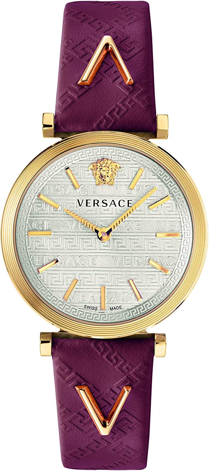 Versace V-Twist women's quartz watch with silver dial, gold case, and purple leather strap
