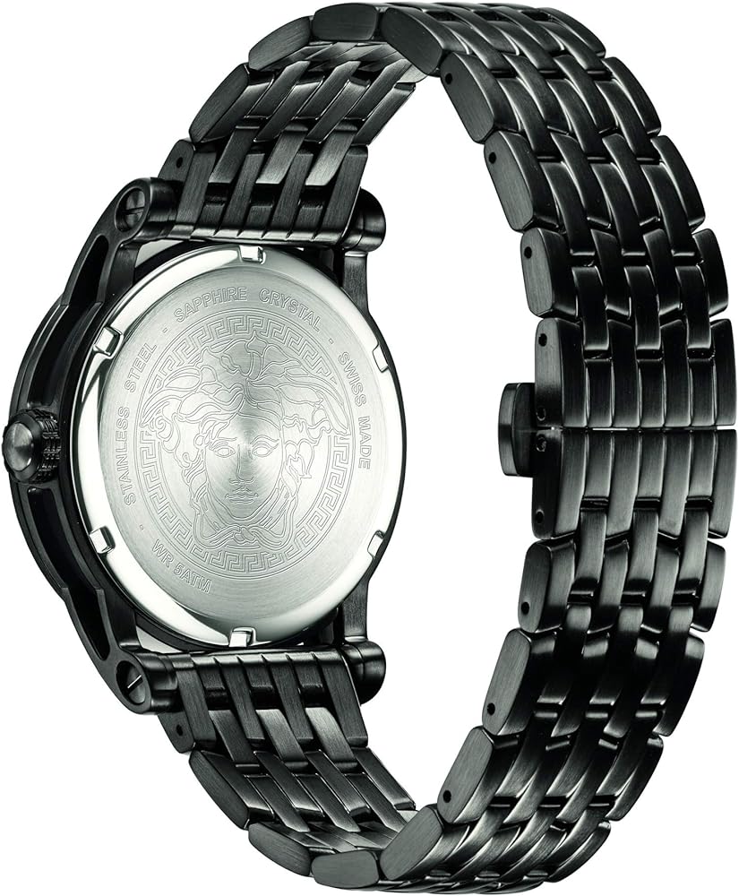 Silver caseback of Versace VERD00518 watch with Greek key pattern