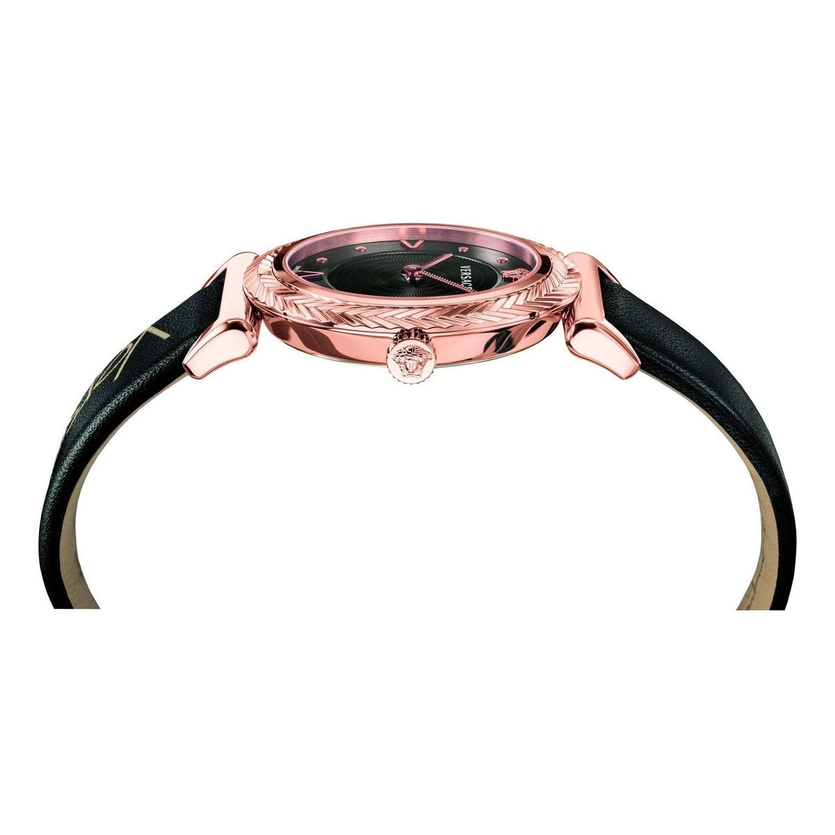 Versace VERE00818 dial detail showing black face with rose gold indices and hands
