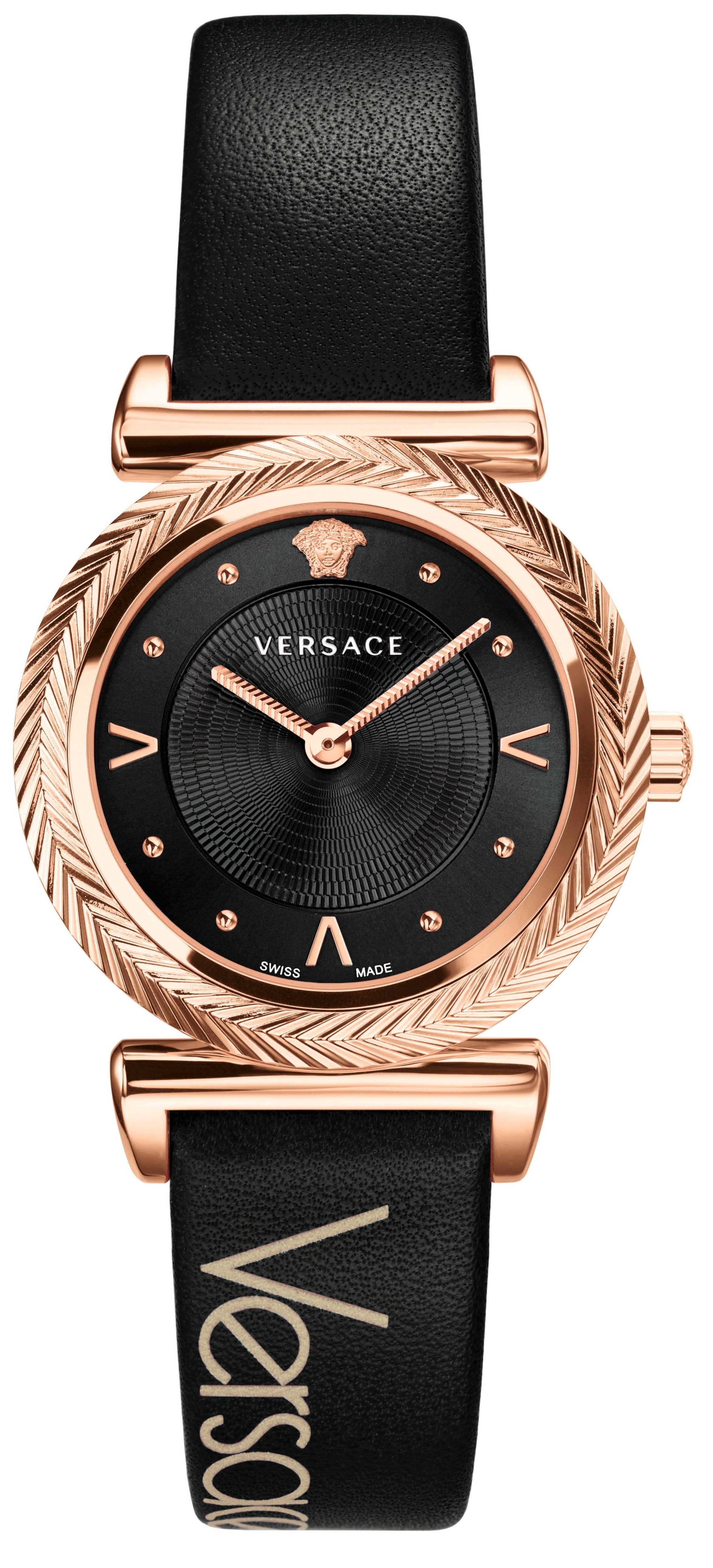 Versace VERE00818 black dial watch with rose gold textured bezel and black leather strap