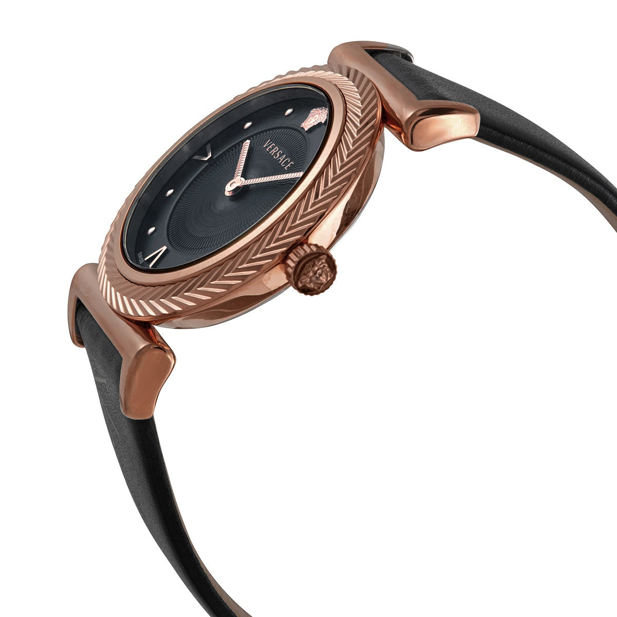 Versace VERE00818 watch worn on wrist with black leather strap