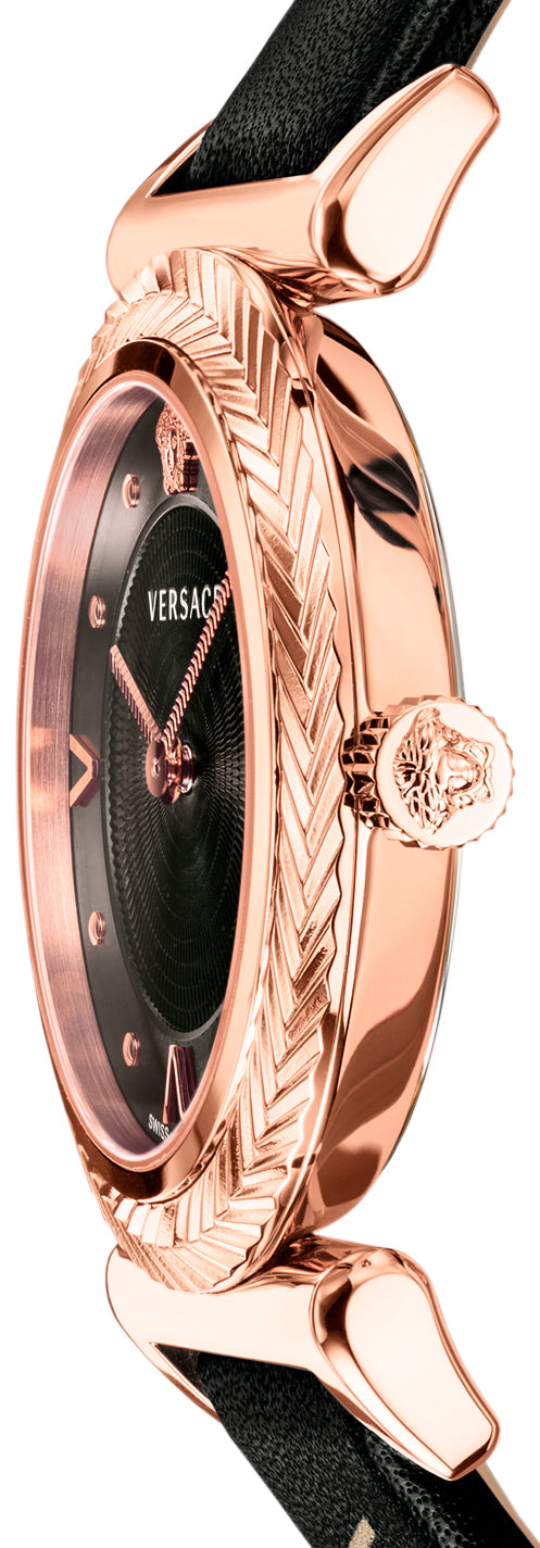 Versace VERE00818 side profile showing rose gold case and black leather band