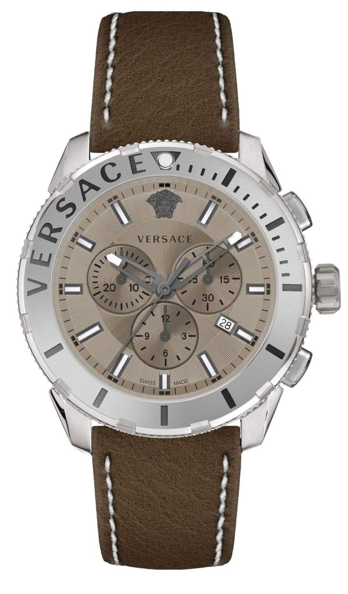 Versace Casual Chronograph grey dial watch with brown leather strap and stainless steel case