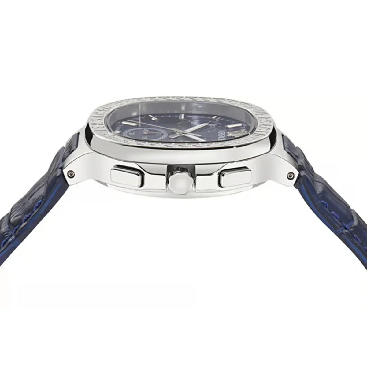 Top-down view of Versace V-Lady Chrono Square showing stainless steel case, chronograph subdials and blue leather strap