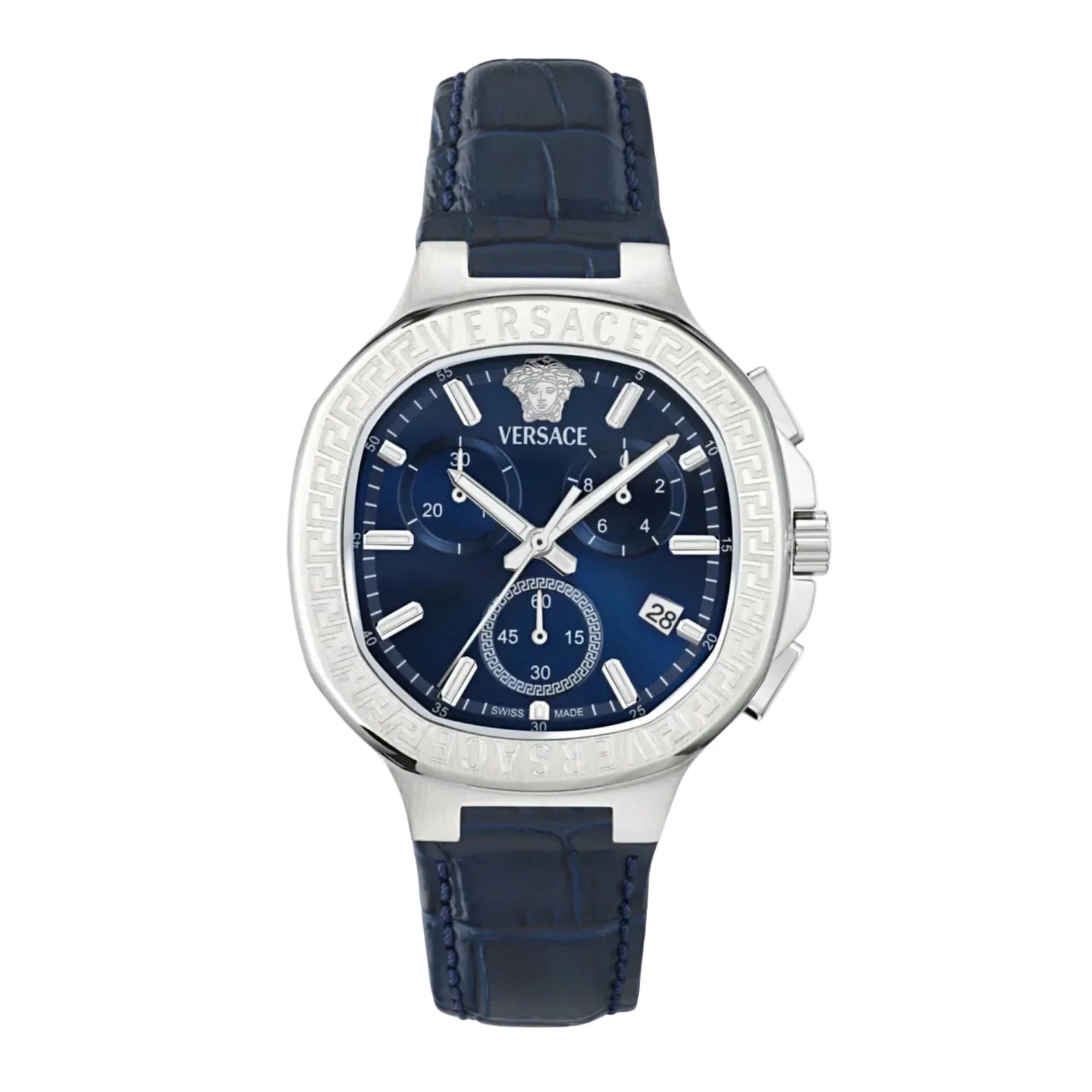 Versace V-Lady Chrono Square stainless steel watch with navy blue chronograph dial and navy leather strap