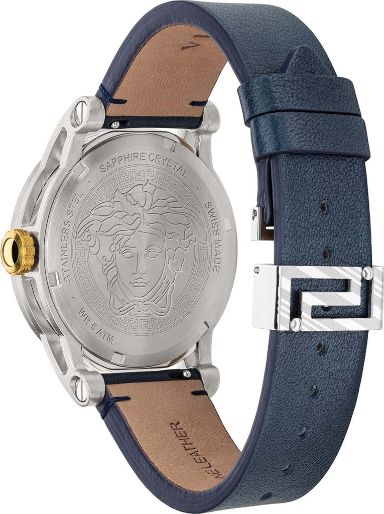 Versace Viamond caseback showing Medusa head medallion and sapphire crystal detail with blue leather strap