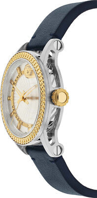 Versace Viamond watch side view displaying case profile, gold crown, and blue leather strap