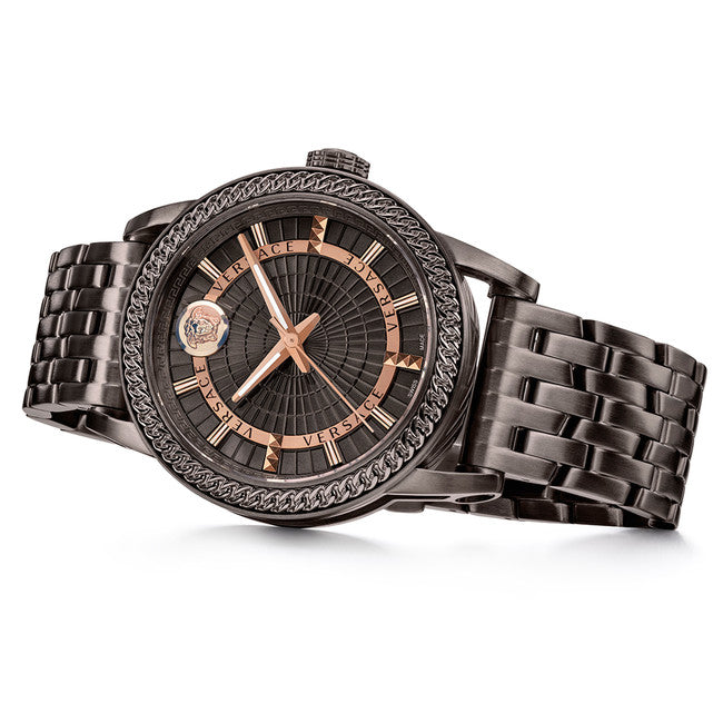 Versace Viamond watch angled view showing black stainless steel bracelet and bezel