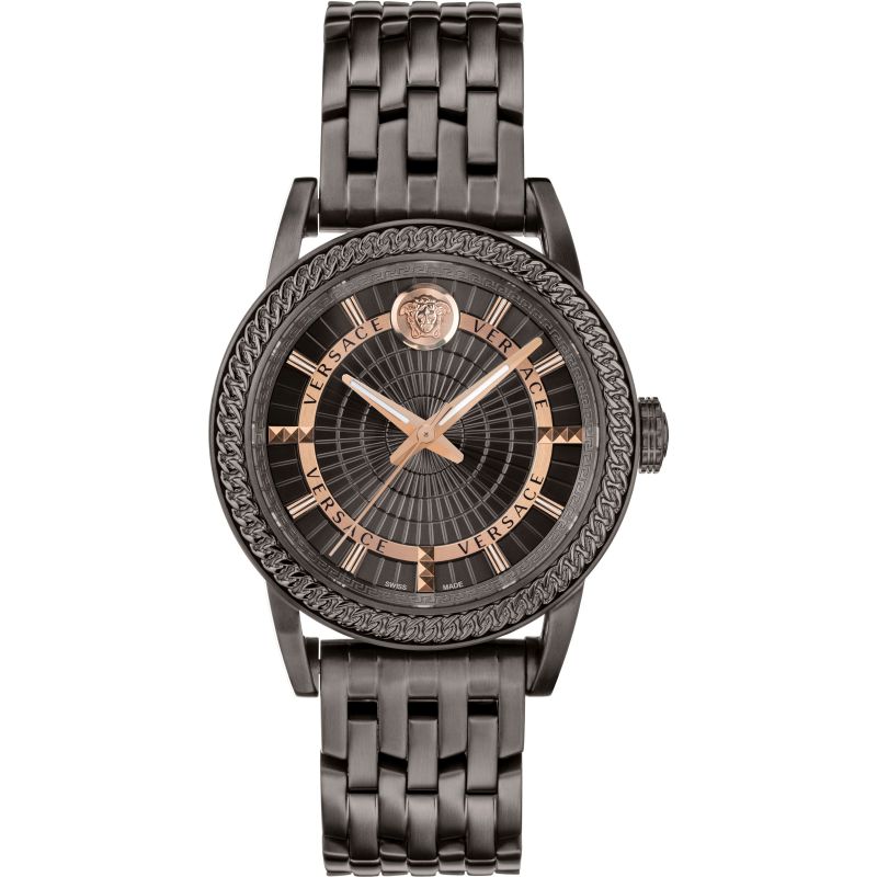 Versace Viamond all-black men's watch with black dial and rose gold accents