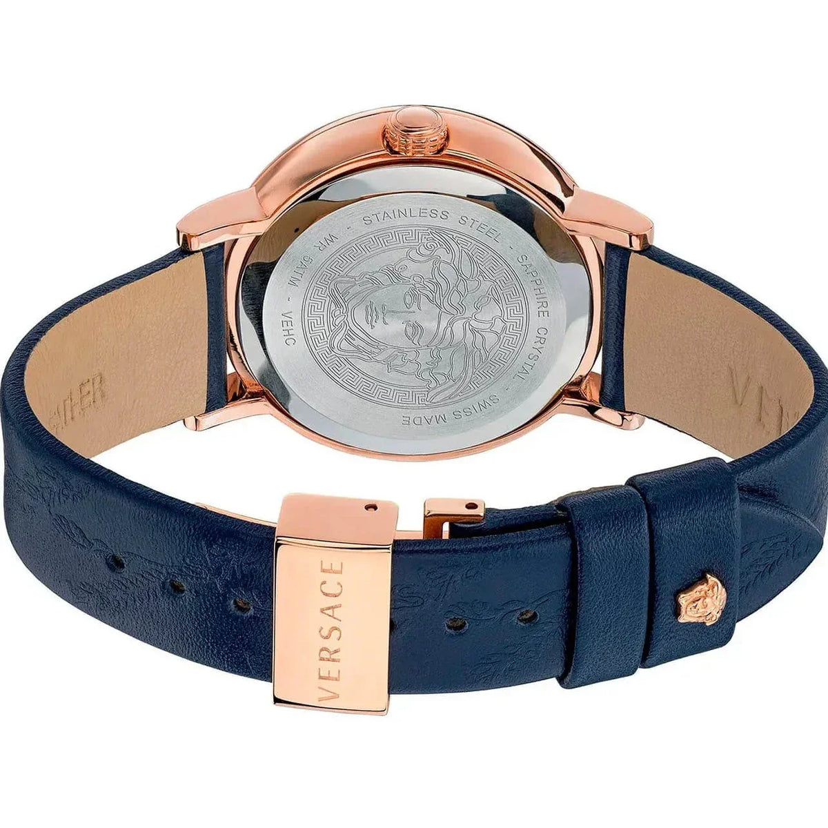 Versace Virtus watch case back showing stainless steel backing with Versace medallion and branding