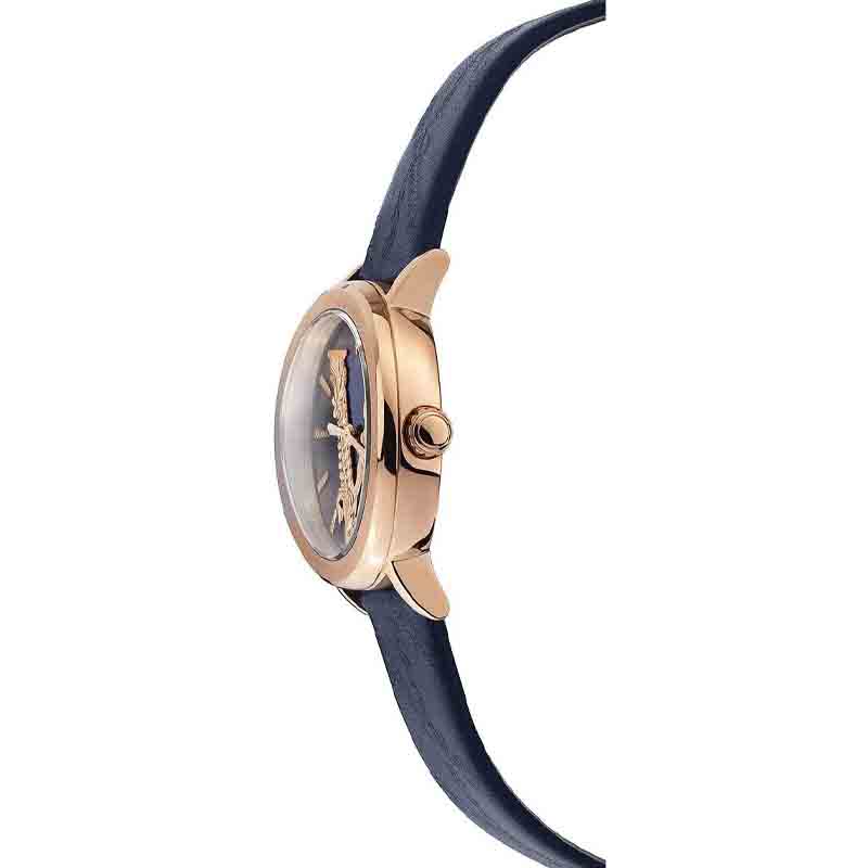 Versace Virtus watch side view with blue dial and rose gold case on navy strap