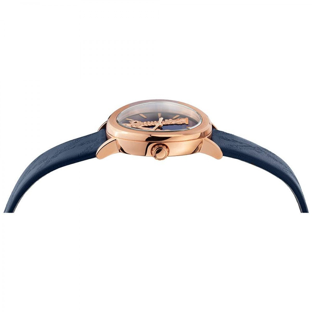 Versace Virtus watch side profile showing rose gold case thickness and navy leather strap