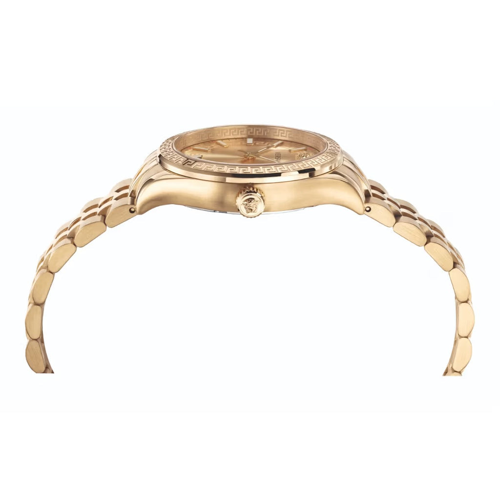 Versace Virtus gold watch top-down view of case and bracelet construction