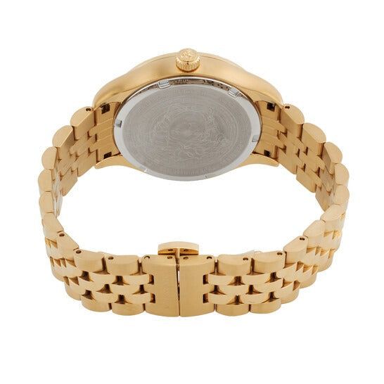 Versace Virtus watch case back showing engraved design and metal bracelet
