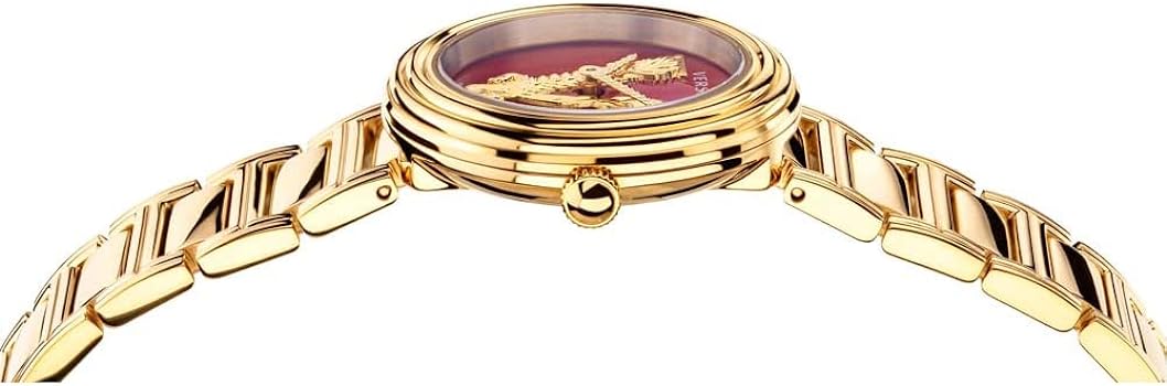 Versace Virtus watch from side angle showing red dial and gold bracelet