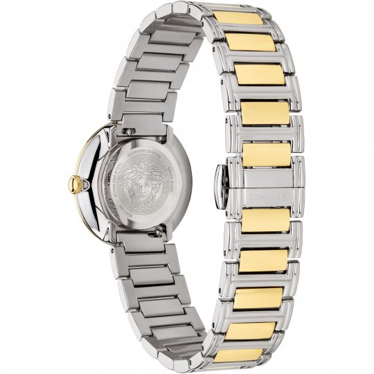 Versace Virtus women's watch caseback showing Medusa medallion and two-tone bracelet