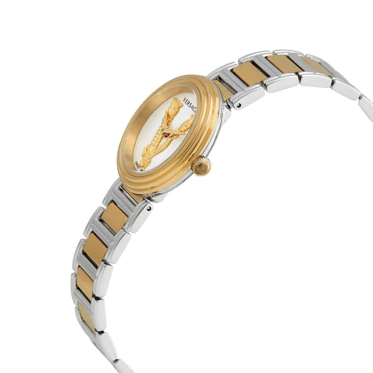 Versace Virtus two-tone women's watch shown from side angle on wrist