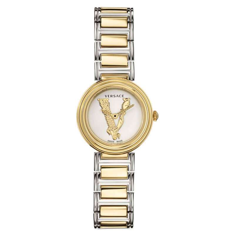Versace Virtus women's watch displayed vertically showing face and two-tone bracelet