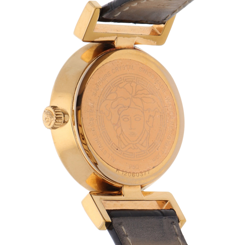 Case back of Versace V Metal Icon watch showing Medusa head design and rose-gold tone