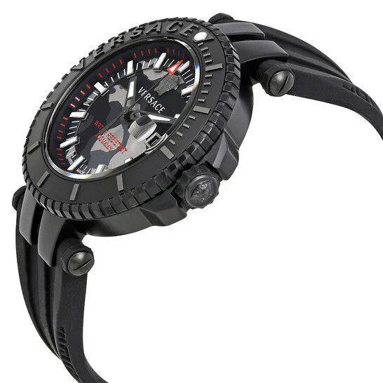 Versace V-Race Diver watch side profile showing black case and rubber strap