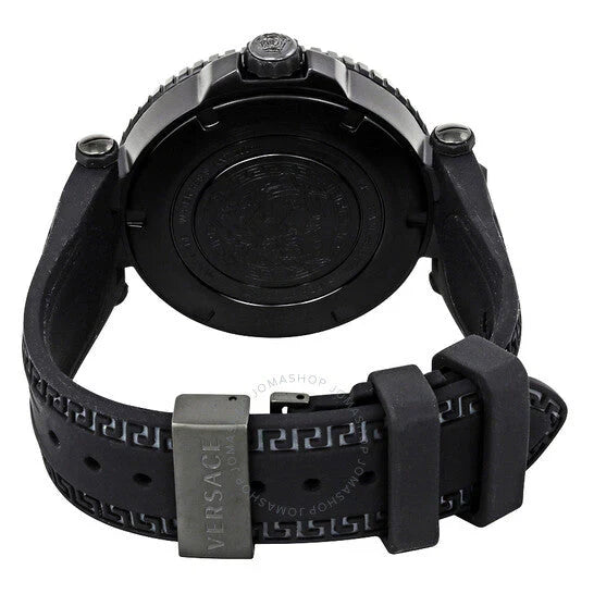 Versace V-Race Diver caseback with black rubber strap and metal buckle