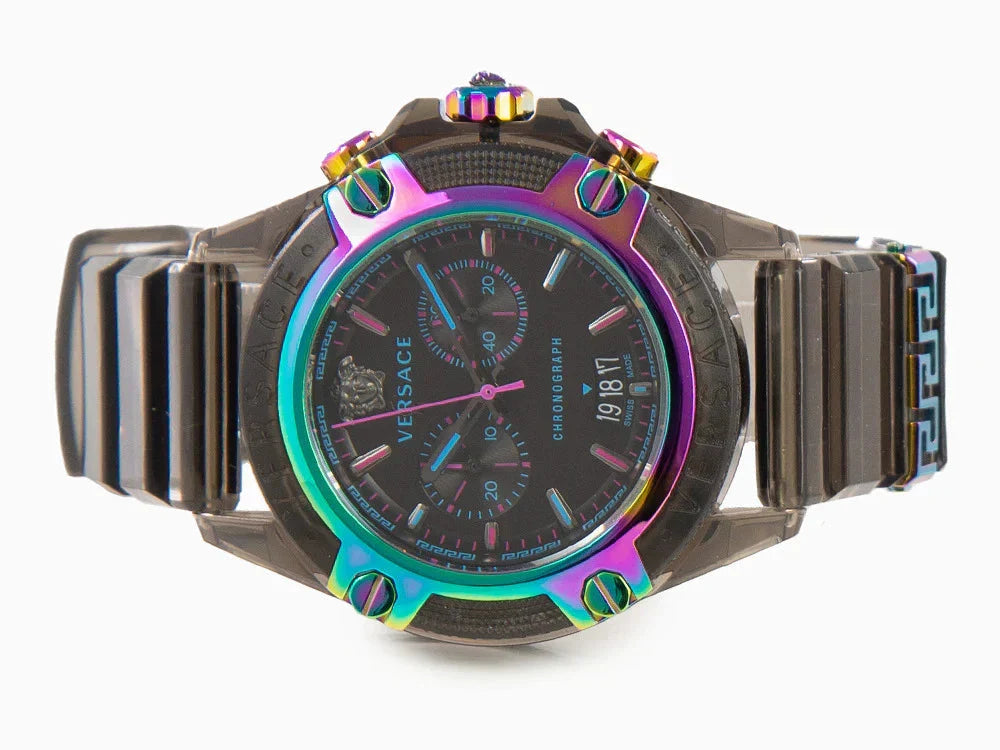 Versace Icon Active chronograph side view with iridescent bezel and grey silicone strap