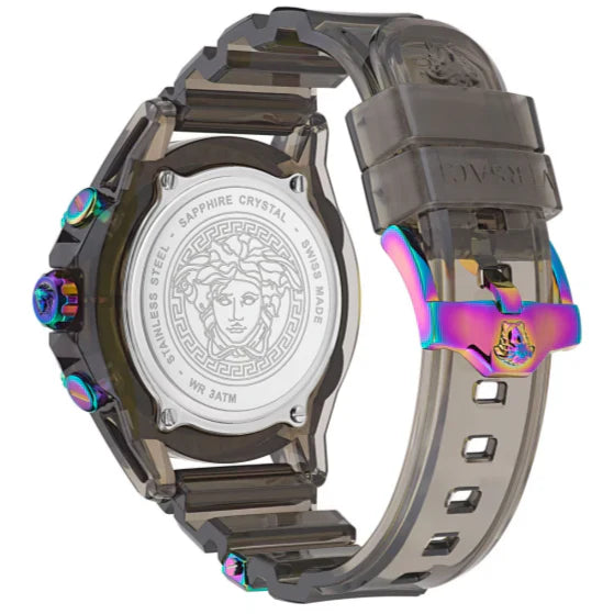 Versace Icon Active caseback showing sapphire crystal with Medusa head logo and grey silicone strap