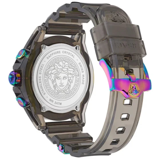 Versace Icon Active caseback showing sapphire crystal with Medusa head logo and grey silicone strap