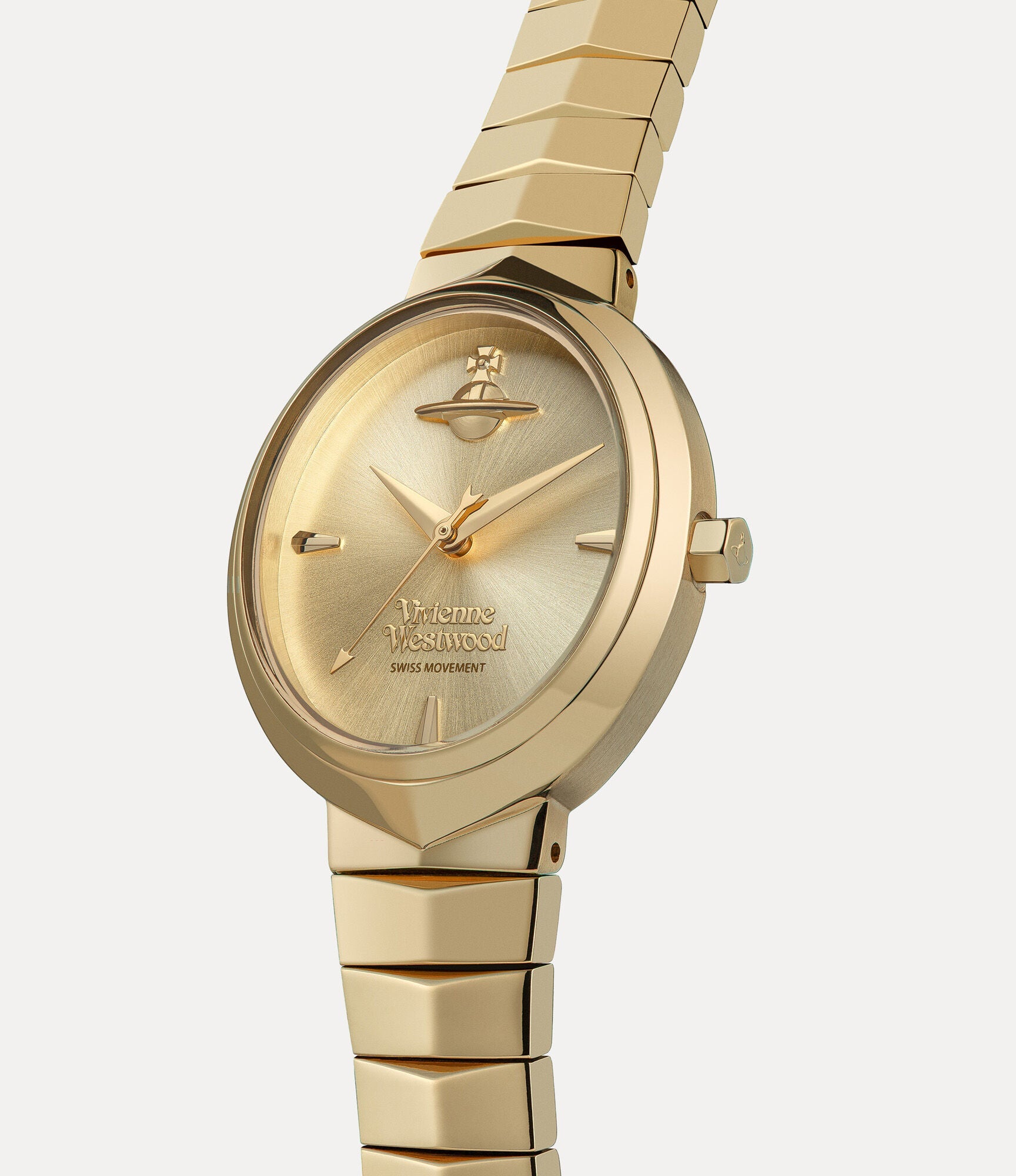 Vivienne Westwood Armour gold watch at 45-degree angle showing dial and segmented bracelet