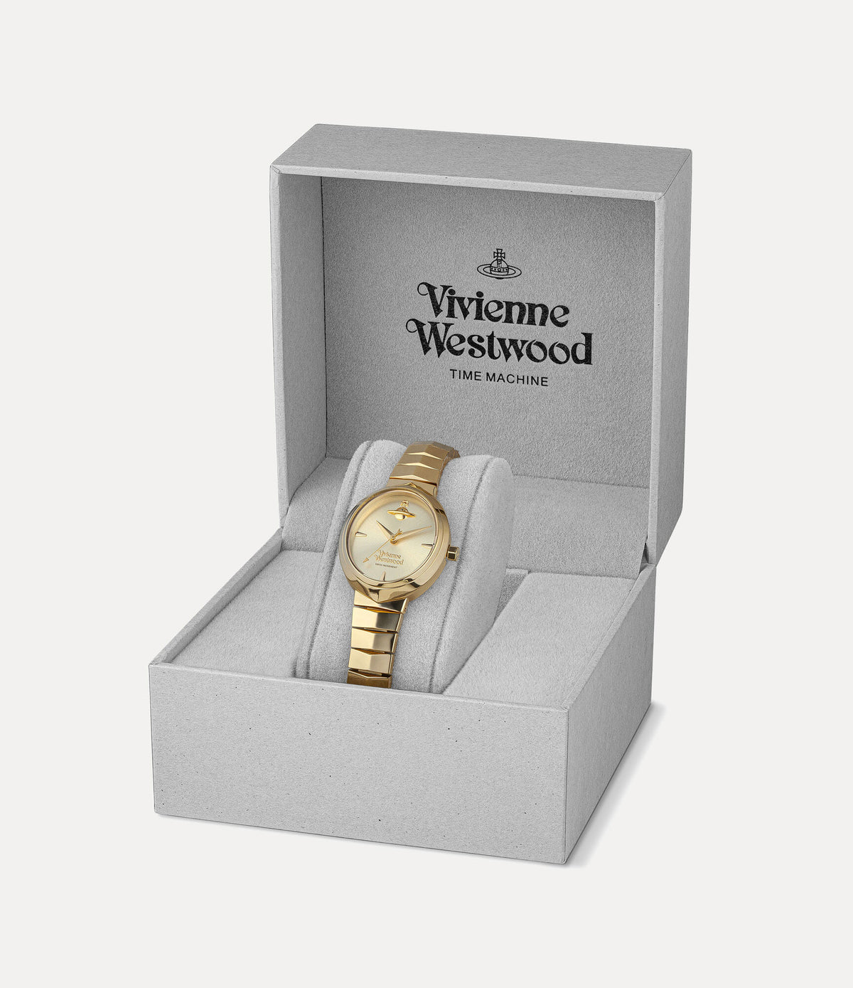 Vivienne Westwood Armour gold watch in presentation box with branded packaging