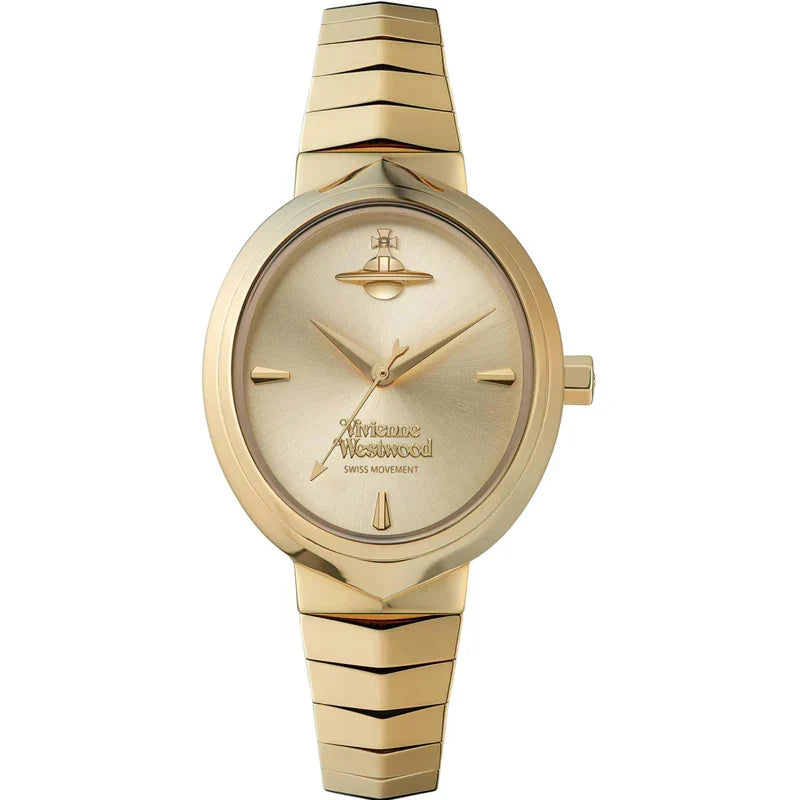 Vivienne Westwood Armour gold ladies watch with round gold dial and gold segmented strap