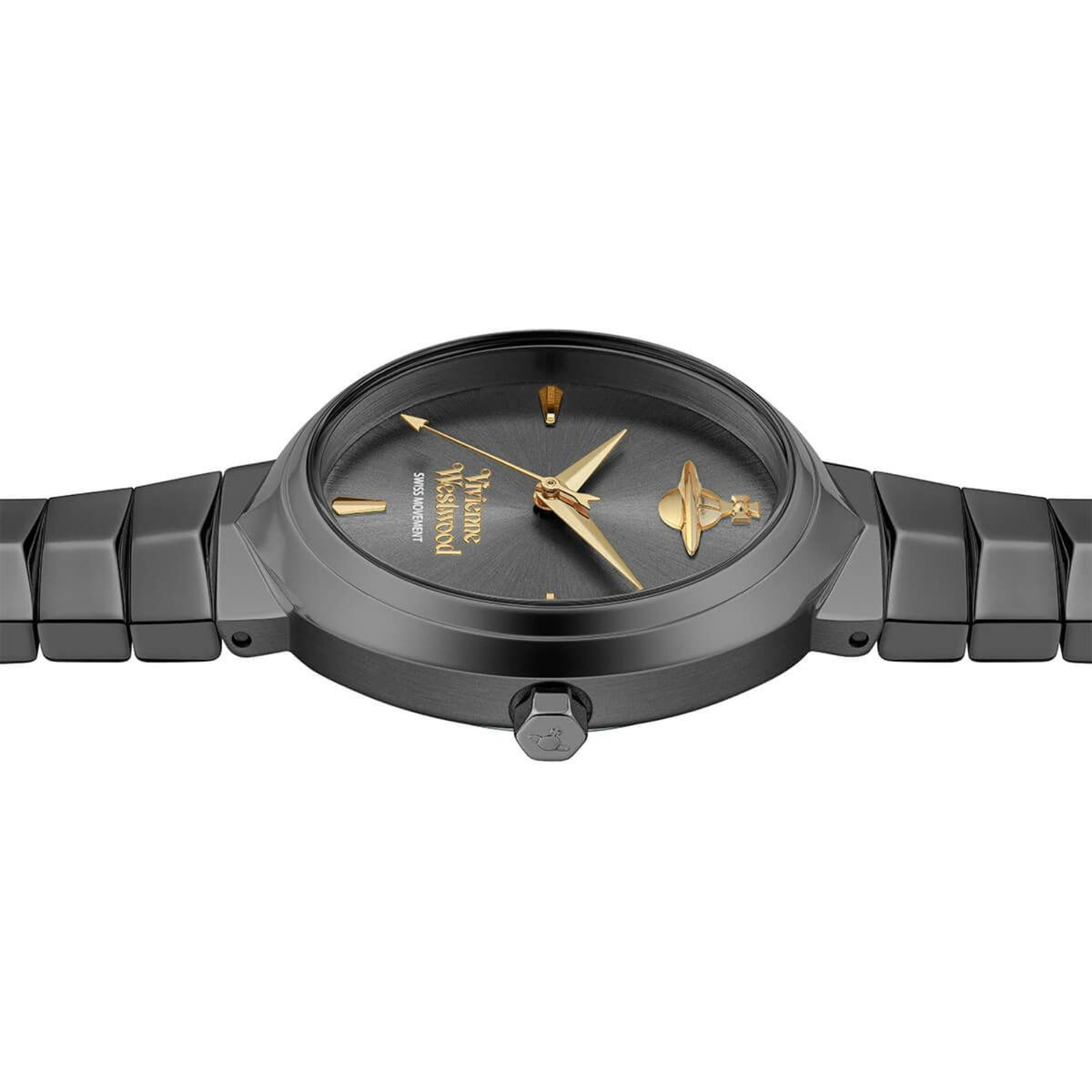 Vivienne Westwood Armour gunmetal watch top view with full strap