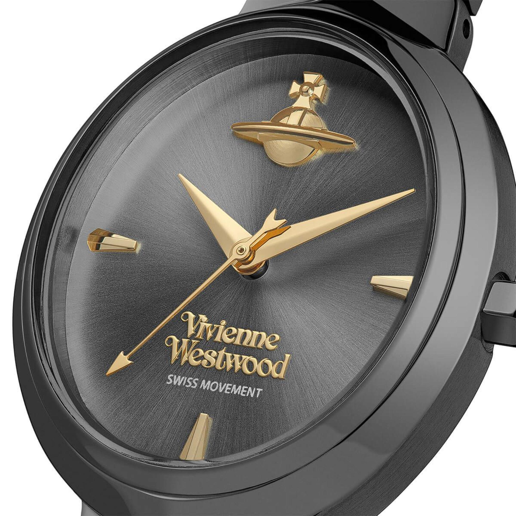 Vivienne Westwood Armour dial detail with gold orb logo and Roman numeral indices