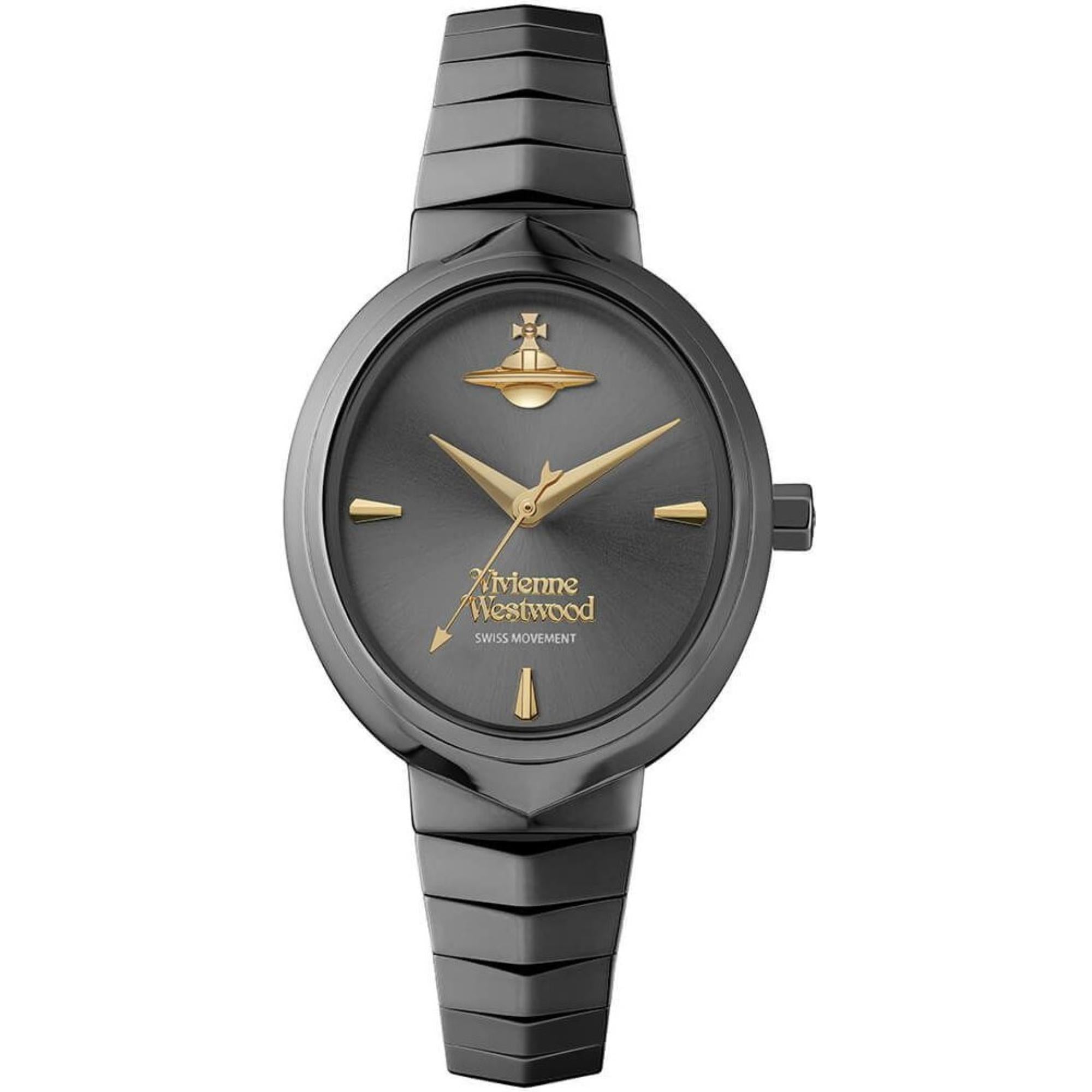 Vivienne Westwood Armour gunmetal ladies watch with gold hands and orb logo