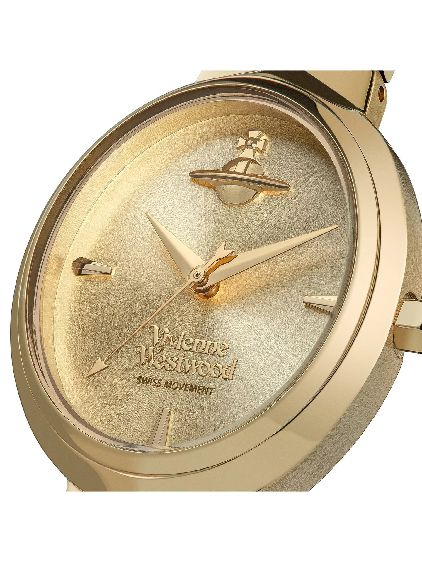 Close-up of watch dial showing Vivienne Westwood logo, signature orb, and Swiss movement text