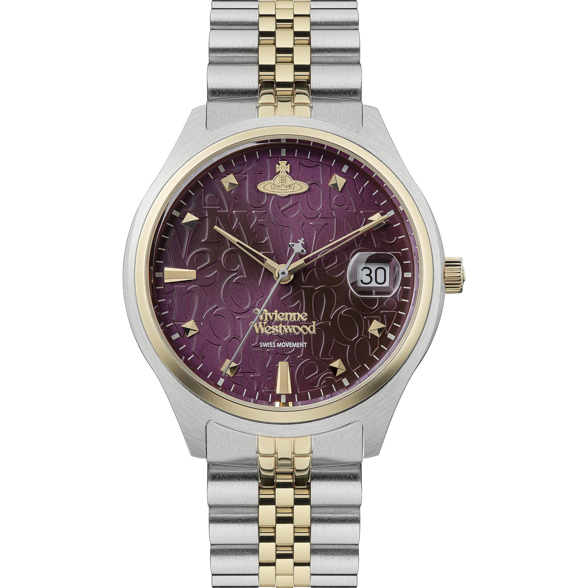 Vivienne Westwood Bloomsbury two-tone ladies watch with purple dial and date window