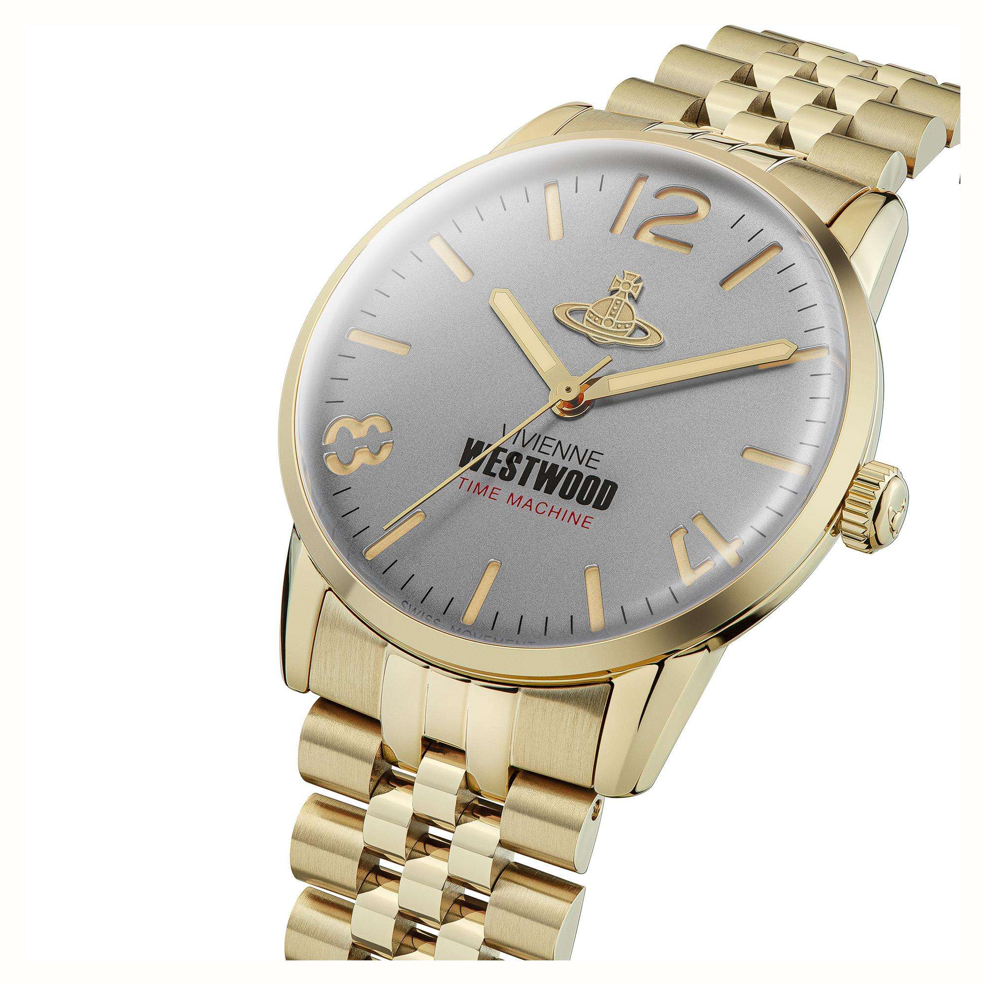 Angled view of Cadogan watch showing grey dial and gold-tone bracelet attachment